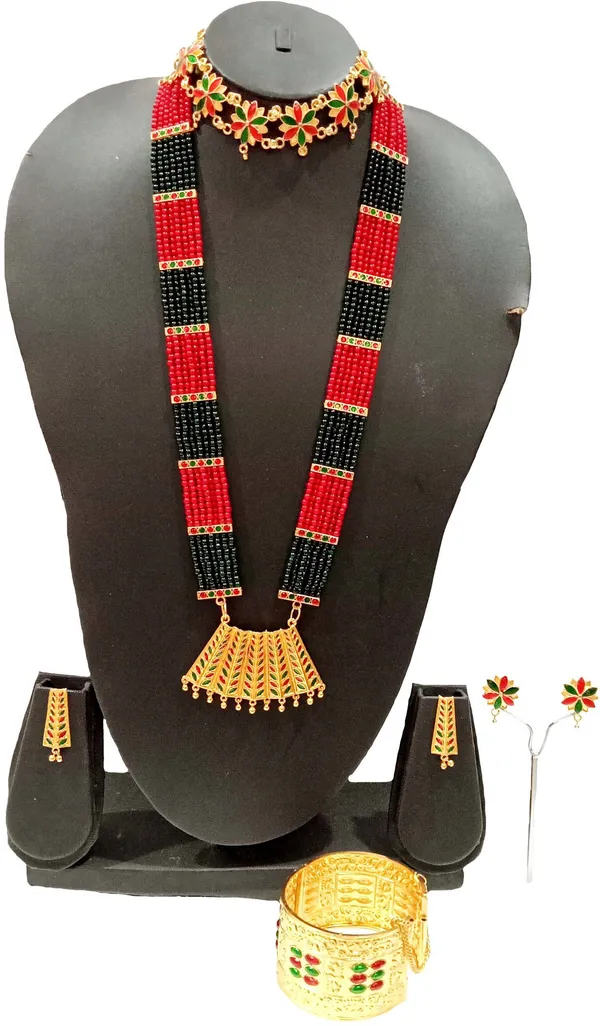 Assamese_Traditional_Gold_Plated_Red_Green_Colour_Combo_Jewellery_Set_For_Women